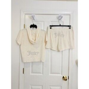 Juicy Couture Oyster Terry Cloth Short Sleeve Hoodie and Shorts Set Size L New